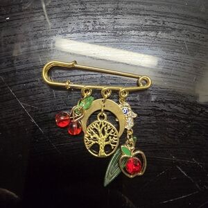Kilt Pin, Dangle Brooch With Hand Of Hasma, Tree Of Life & Cherry Charms